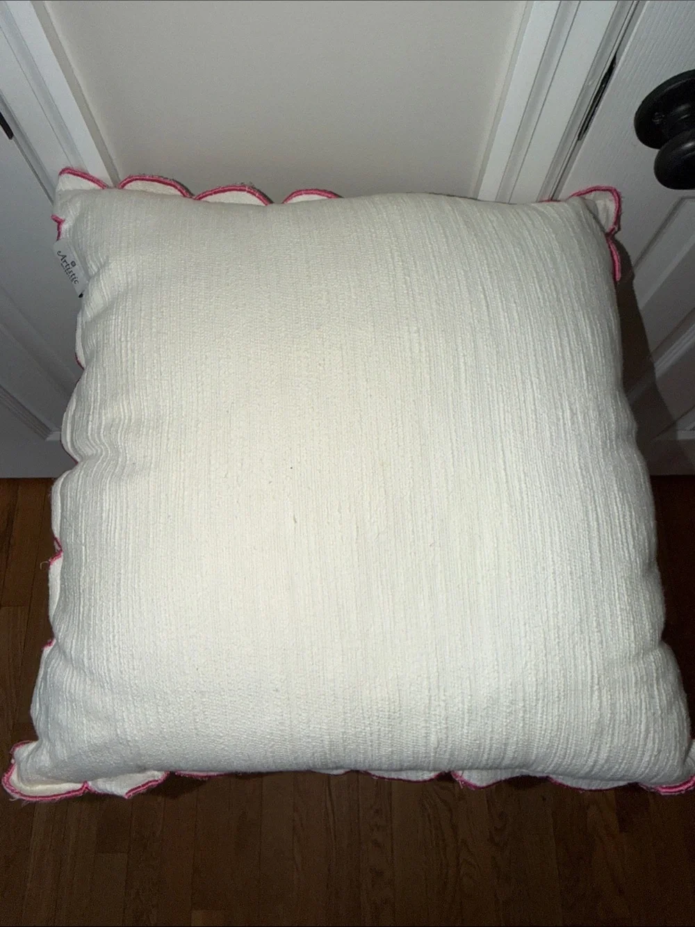 White Decorative Throw Pillows with Pink Scalloped Edge- Set of 2